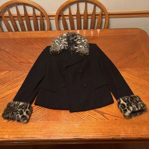 INC International Concepts Black Pea Coat with Leopard Faux Fur
